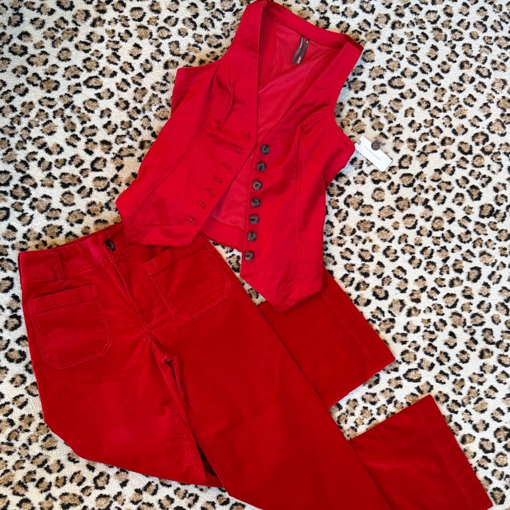 Anthropologie Vibrant Red Straight-Leg Pants with Matching Buttoned Vest